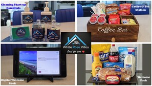 Welcome pack with local treats, a user-friendly tablet for guest convenience, and a fully stocked coffee station in a stylish vacation home near Disney Orlando. Designed for a seamless and comfortable stay.