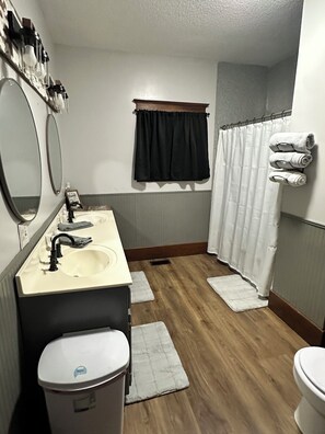 Masterbath with double vanity and hair dryer available