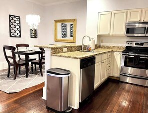 The newly-renovated kitchen is equipped with everything you need to prepare home-cooked meals.