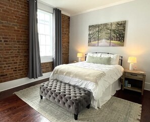 The large Queen bedroom is complete with an air purifier and sound machine.  Enjoy a full night sleep after a day out in town.