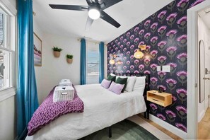 Second bedroom with queen Purple mattress  with over the head lamps and sound machine and USB  charger
