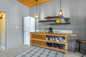 Kitchenette with a fridge and plenty of countertop space
