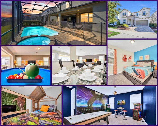 Spacious 9-bedroom Solara Resort home near Disney, featuring a private pool, game room, themed bedrooms, and elegant dining space. Ideal for large families or groups looking for comfort and fun in a prime vacation location!