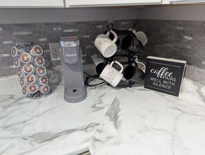 Everything needed for a hot or cold brew cup of coffee!