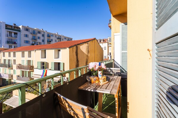 Sunny balcony with a picturesque view