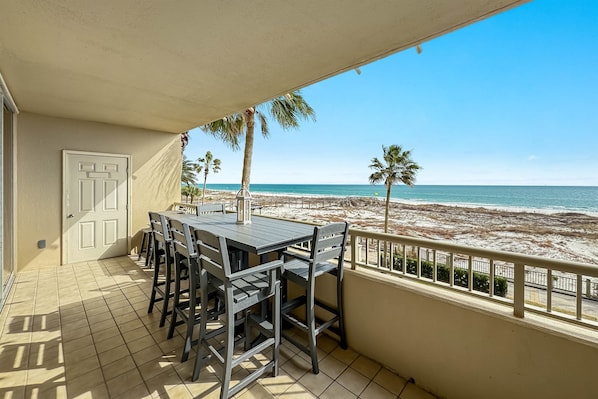 Ample dining and seating in the private balcony