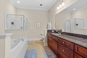 Oversized bathrooms with Sferra bath towels and our custom white-labeled soaps from the same providers for the Ritz-Carlton brand.