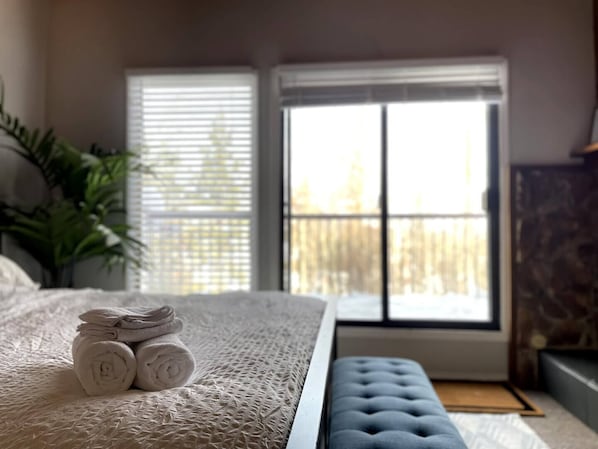 The Lower Level King Bedroom, with Gas Fireplace, private deck and pull out sofa bed.