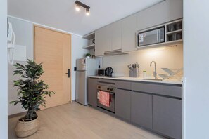 Sleek and modern kitchen with all essentials for your culinary adventures, featuring stylish cabinetry and bright lighting.