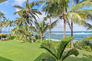 Serene garden area with tall palm trees and a view of the sparkling blue sea.