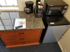 Dresser, Mini Fridge, Microwave, & Coffee Maker w/ Complimentary Coffee