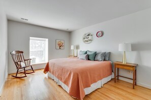 Newly updated and decorated King Bedroom; extra blankets and fan available in closets of every bedroom