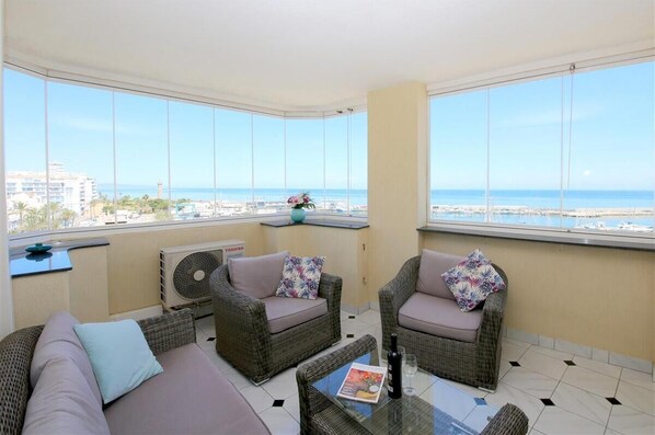 One of the two terraces with comfortable seating and sea views