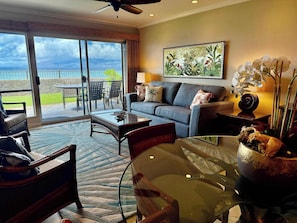Living Room with artistic charm and ocean views