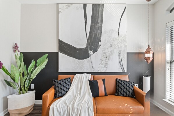 Modern living room with bold art.
