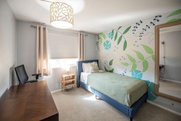 Bedroom 2 -  includes desk and ergonomic office chair with hand-painted "Zoom wall"