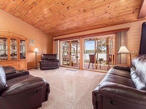 Lakefront living room has a great view of the lake. TV to be added by spring '25
