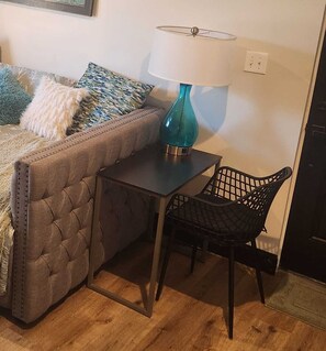 Room has a desk and chair