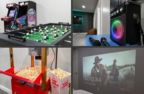Foosball, air hockey, arcade games, PS5, karaoke & a movie theatre room!