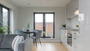 The open-plan living/dining room and kitchen means the apartment 'flows'