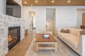 Living Room Couch, TV & Fireplace 