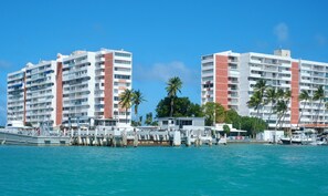 View of the condo-complex from the marina when arriving via the ferry/boat