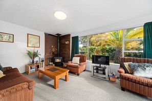 Living room equipped with wood fire