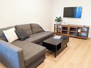Sofa bed that turns into a Queen sized sleeping space.
