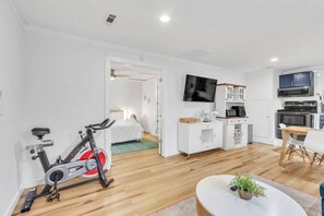 No need to leave, jump on the exercise bike for a morning ride before or after conquering your day!