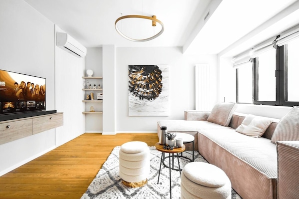 Relax in style in this modern living room – perfect for unwinding after a day in Sofia. ✨ Book Now!
