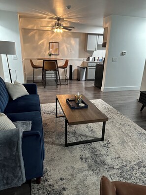 Comfortable open-concept living and dining room. 