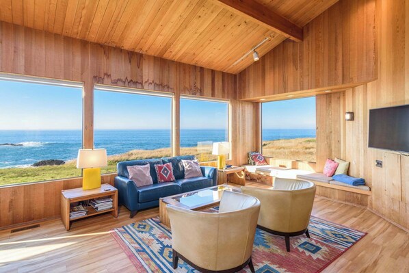 Curl up in the chic living room & stream your favorites on the smart TV
