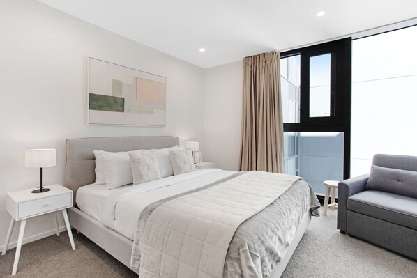 The studio apartment features a Super King-bed with a single fold-out child's sofa bed.