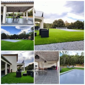 garden, swimming pool, playing boules, terrace