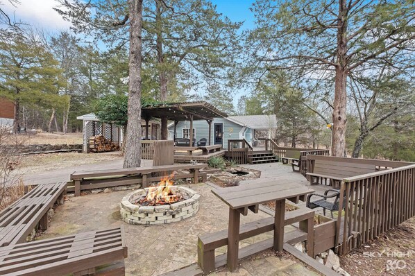 massive, multi-level deck with fire pit