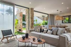 Beautiful and comfortable sofa. Living room with a view of the garden.
