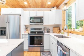 Kitchen with stainless Kitchen Aid appliances and quartz counters