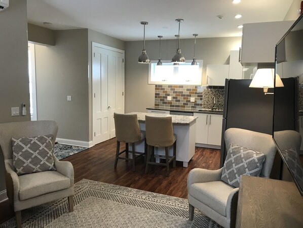 Large kitchen and living area