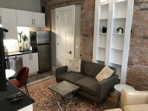 Living area facing interior entrance