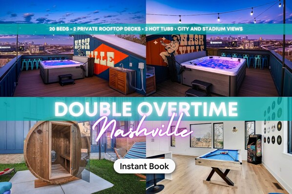 Welcome to Double Overtime, your Nashville getaway! With 20 luxurious beds, two private rooftop decks, and hot tubs, it's perfect for large groups. Enjoy game nights in the stylish game room—ideal for bachelorette parties, family reunions, or corporate retreats!