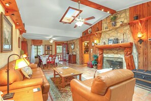 Cozy up by the large stone fireplace