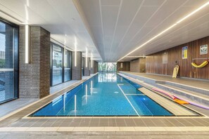 Start your morning with a refreshing dip in the building’s indoor lap pool. 