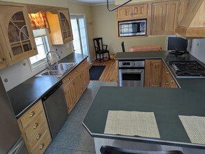 Kitchen with dishwasher, gas cooktop electric oven and french door refrigerator

