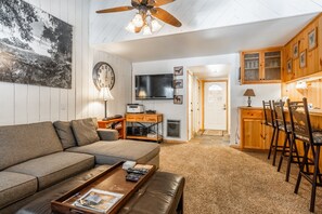 Living Room, Pellet Stove, Queen Sleeper Sofa, 3 Kitchen Bar Stools , TV