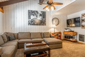 Living Room, Pellet Stove, Queen Sleeper Sofa, 3 Kitchen Bar Stools , TV