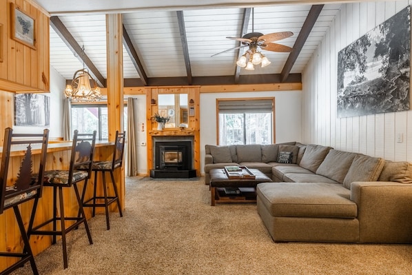 Living Room, Pellet Stove, Queen Sleeper Sofa, 3 Kitchen Bar Stools , TV