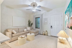 Living Room: Pull-out sofa, smart TV