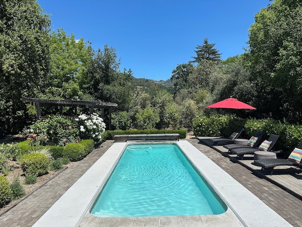View of pool and Mayacamas Mountains from the back deck. 