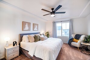 King sized bed in the primary, with walk in closet and spa like shower/bathroom.
