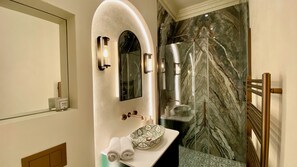 Luxury walk in shower bathroom with under floor heating.
